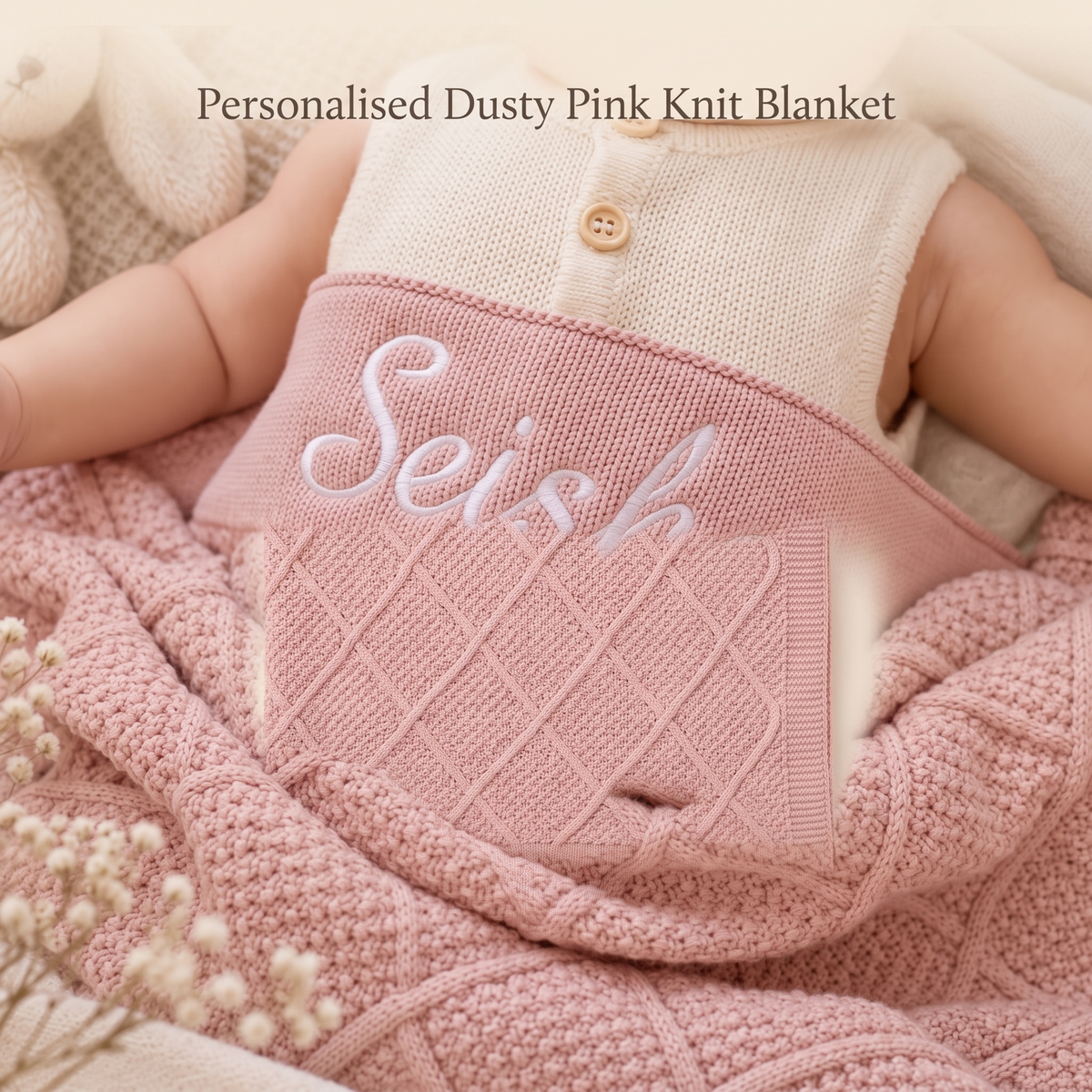 Little Teekie Personalised Diamond Knit Baby Blanket | Embroidered Name, Bassinet Size – Dusty Pink – key features