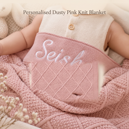 Little Teekie Personalised Diamond Knit Baby Blanket | Embroidered Name, Bassinet Size – Dusty Pink – key features