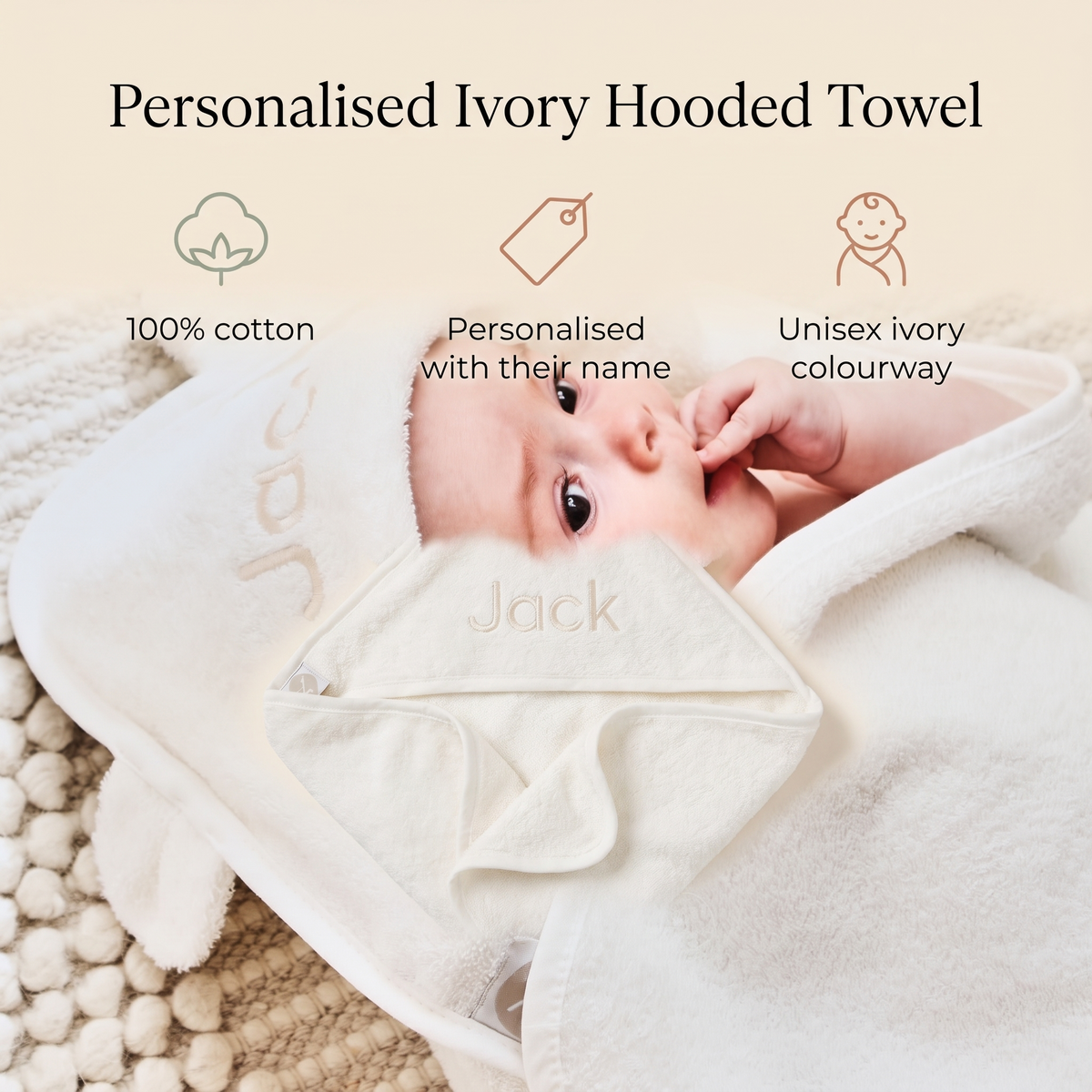 Little Teekie Personalised Small Hooded Towel | Embroidered Name, 100% Cotton – Ivory – key features