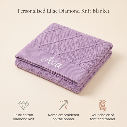 Little Teekie Personalised Diamond Knit Baby Blanket | Embroidered Name, Pure Cotton – Lilac – key features