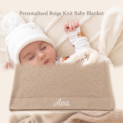 Little Teekie Personalised Knitted Baby Blanket | Embroidered Name, 80 x 100cm – Beige – key features