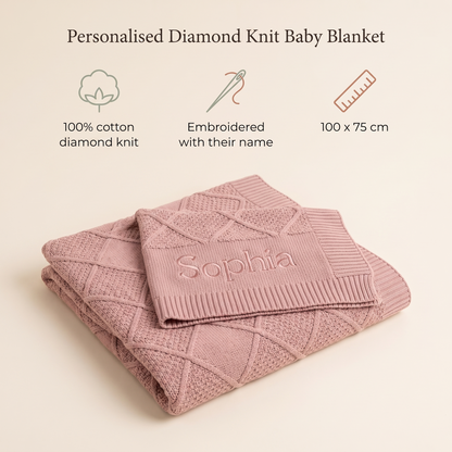 Little Teekie Personalised Diamond Knit Cotton Baby Blanket | Embroidered Name, 100 x 75cm – Dusty Pink – key features