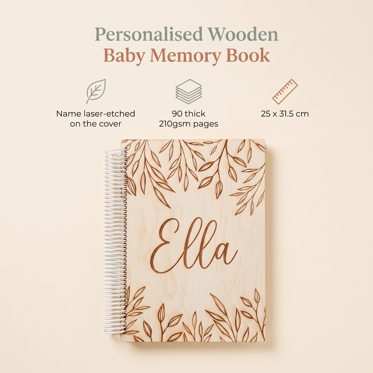 Little Teekie Personalised Wooden Baby Memory Book | Etched Name, 90 Pages 25 x 31.5cm – Natural Timber – key features