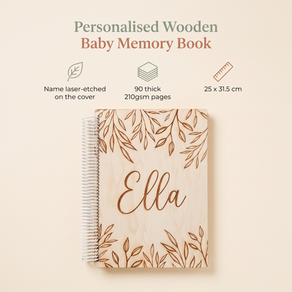 Little Teekie Personalised Wooden Baby Memory Book | Etched Name, 90 Pages 25 x 31.5cm – Natural Timber – key features