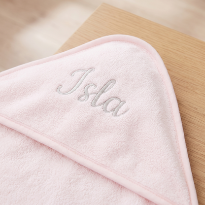 Little Teekie Personalised Small Hooded Towel | Embroidered Name, Bear Ear Hood – Light Pink – personalisation detail