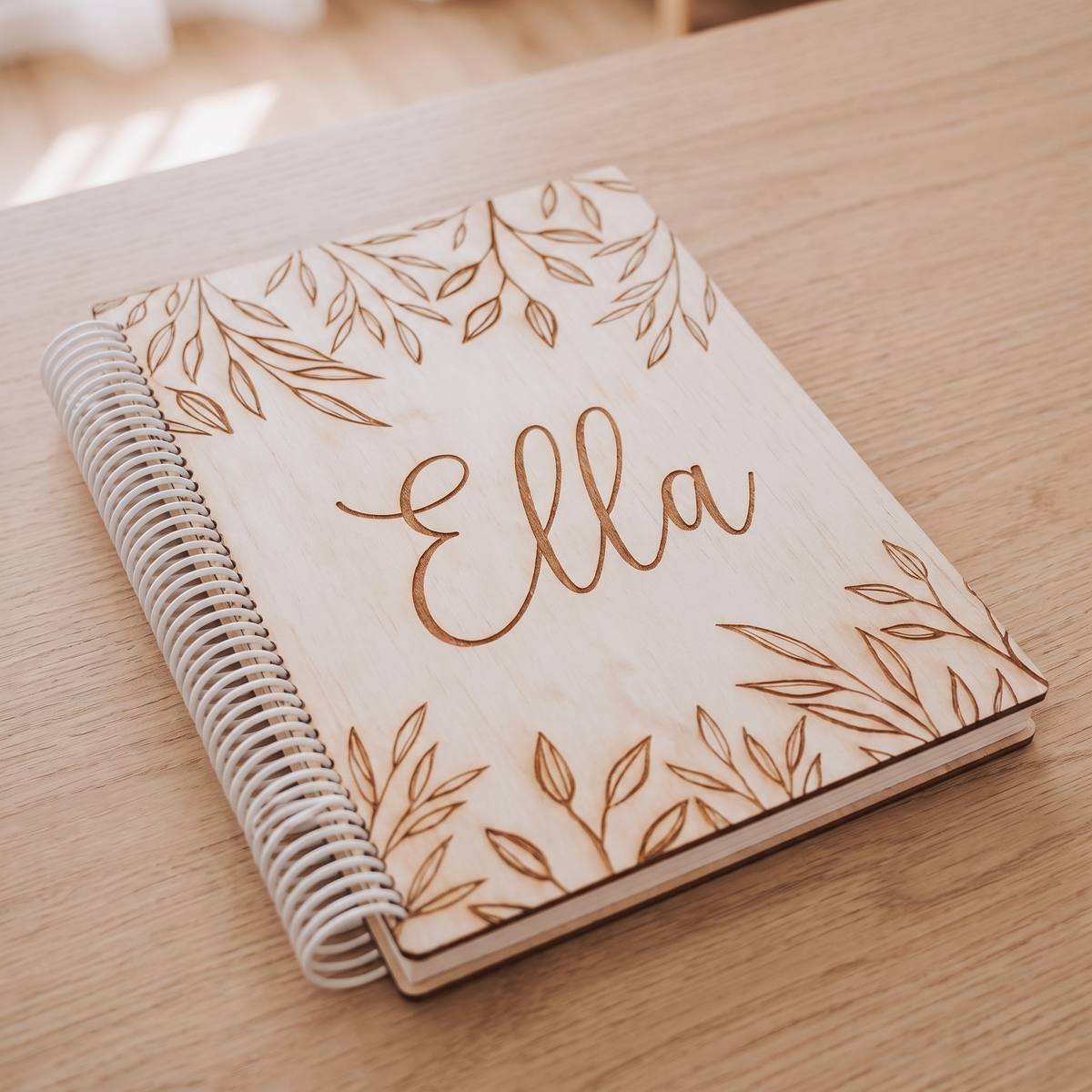 Little Teekie Personalised Wooden Baby Memory Book | Etched Name, 90 Pages 25 x 31.5cm – Natural Timber – personalisation detail