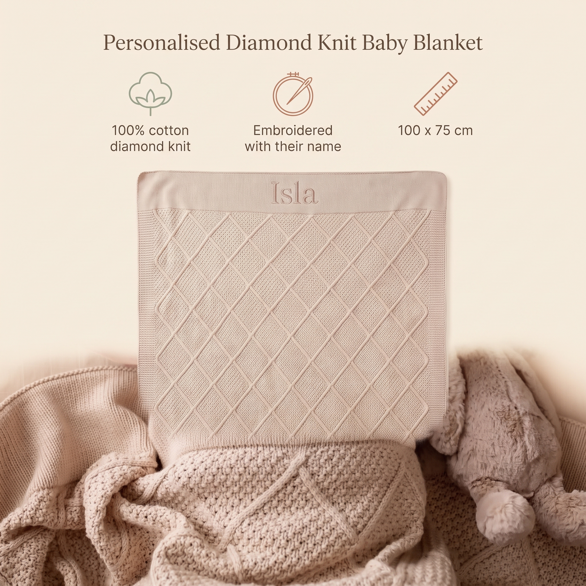 Little Teekie Personalised Diamond Knit Cotton Baby Blanket | Embroidered Name, 100 x 75cm – Oatmeal – key features