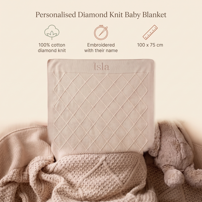 Little Teekie Personalised Diamond Knit Cotton Baby Blanket | Embroidered Name, 100 x 75cm – Oatmeal – key features