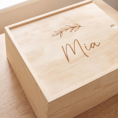 Little Teekie Personalised Keepsake Box | Engraved Name, Leaf Design Sliding Lid – Natural Pine – personalisation detail