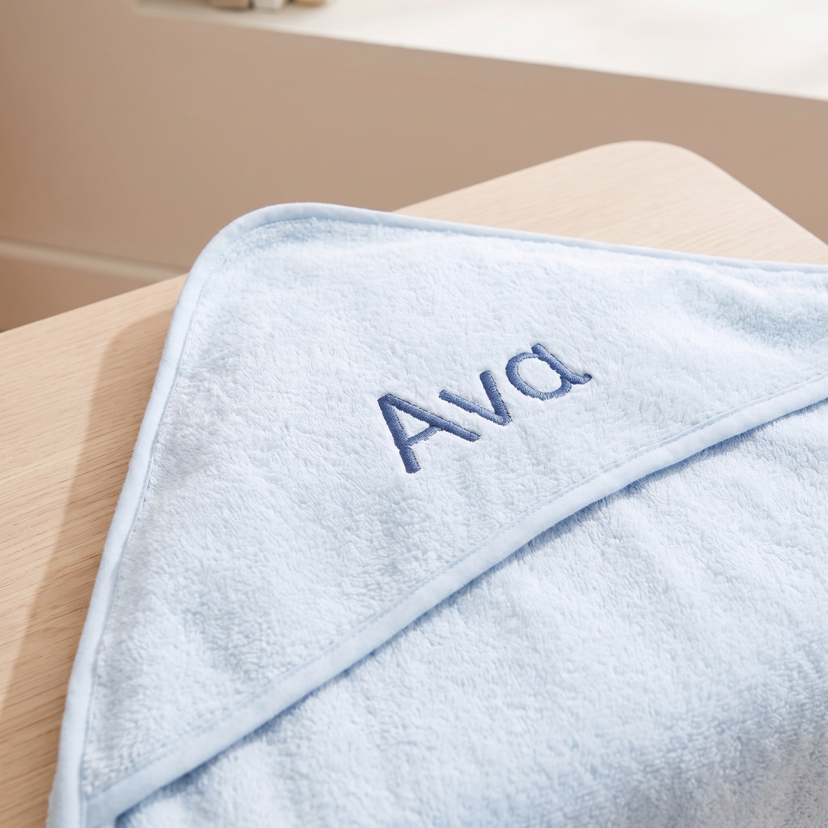 Little Teekie Personalised Large Hooded Bath Towel | Embroidered Name, 100% Cotton – Blue – personalisation detail