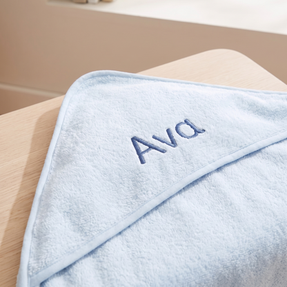 Little Teekie Personalised Large Hooded Bath Towel | Embroidered Name, 100% Cotton – Blue – personalisation detail