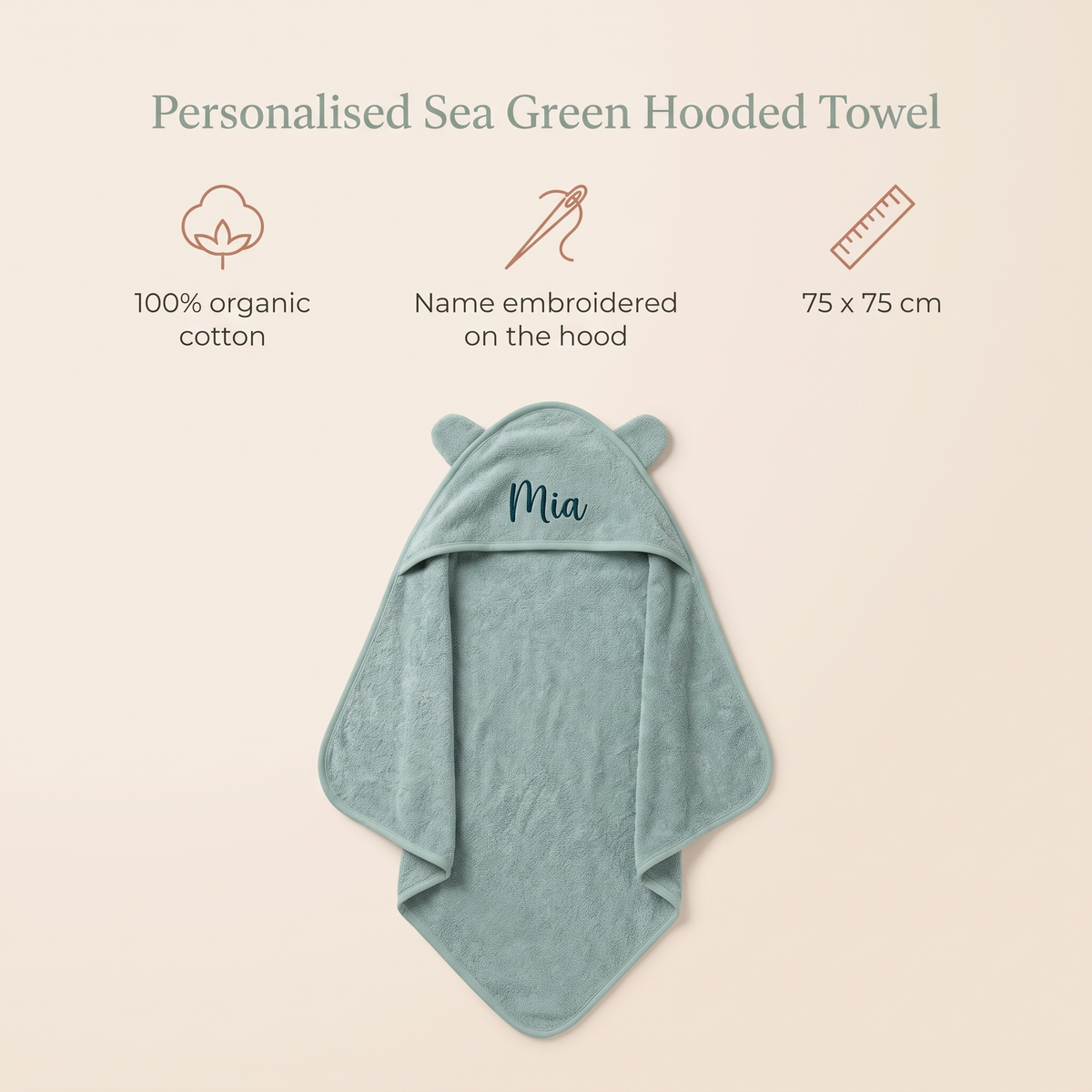 Little Teekie Personalised Hooded Towel | Embroidered Name, Organic Cotton 75 x 75cm – Sea Green – key features