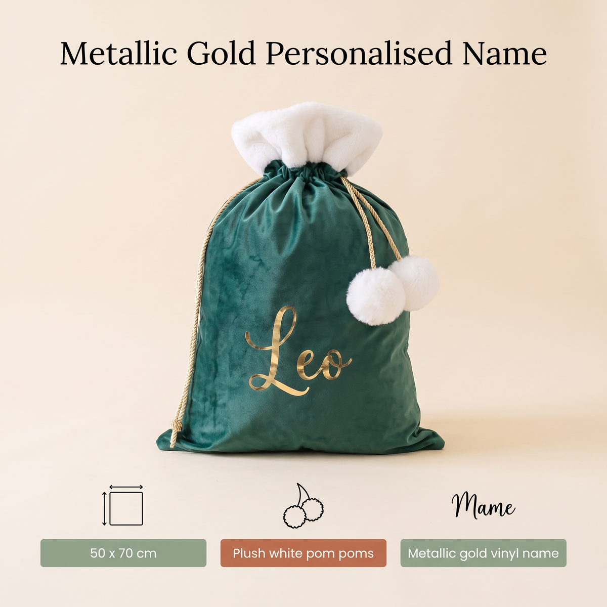 Little Teekie Personalised Pom Pom Santa Sack | Gold Vinyl Name, 50x70cm – White Trim – key features