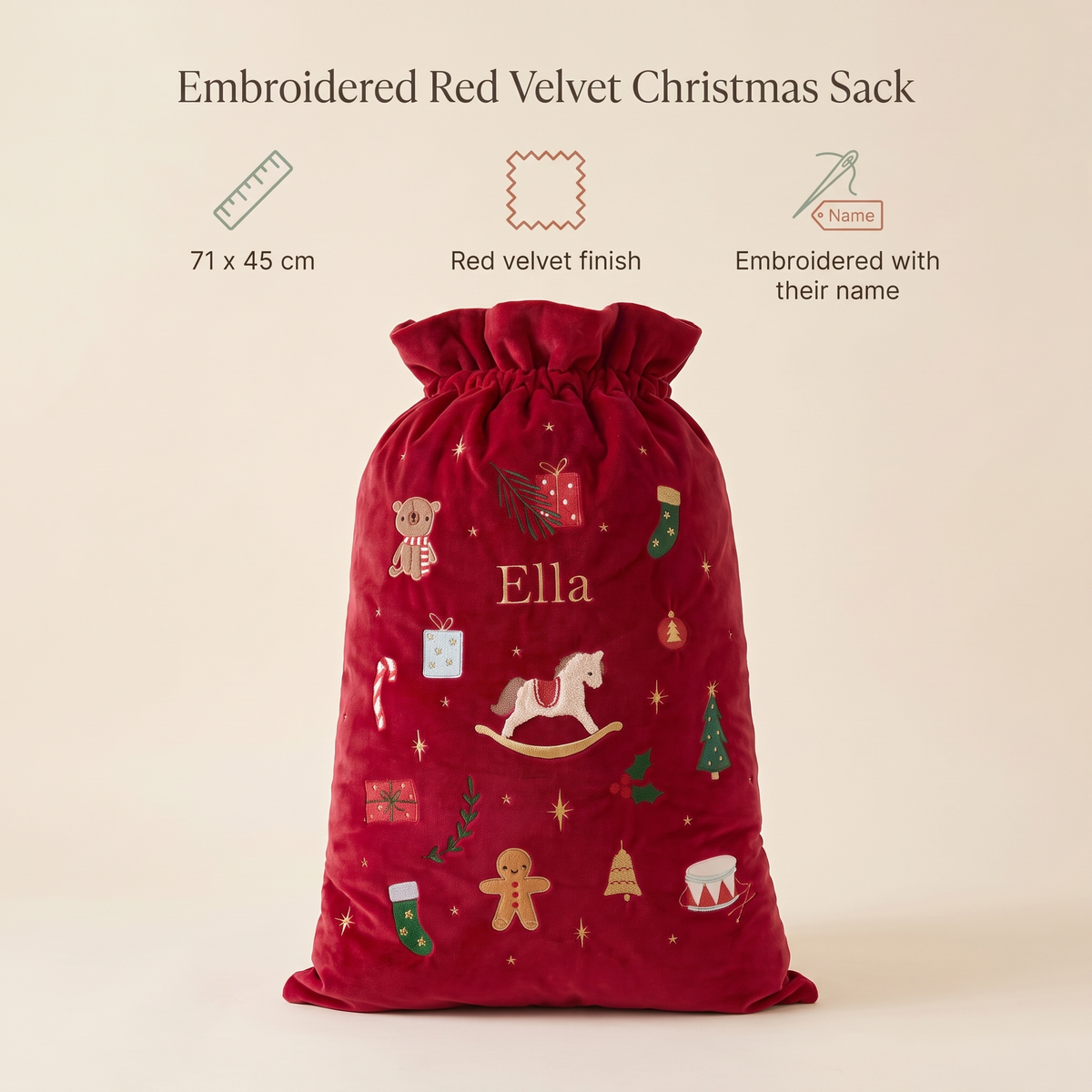 Little Teekie Personalised Embroidered Christmas Sack | L71 x W45cm Velvet – Red – key features