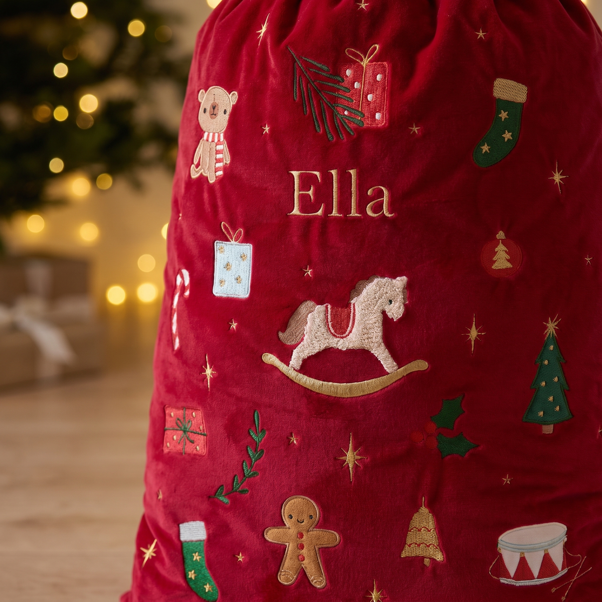 Little Teekie Personalised Embroidered Christmas Sack | L71 x W45cm Velvet – Red – personalisation detail