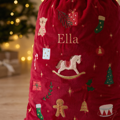 Little Teekie Personalised Embroidered Christmas Sack | L71 x W45cm Velvet – Red – personalisation detail