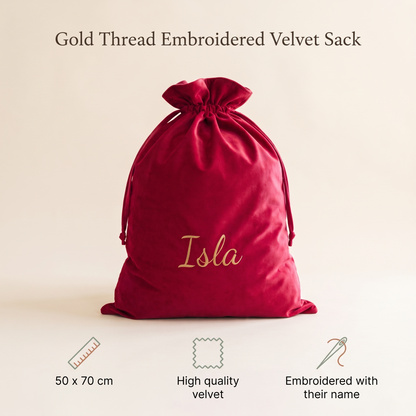 Little Teekie Personalised Velvet Santa Sack | Embroidered Name, 50x70cm – Red – key features