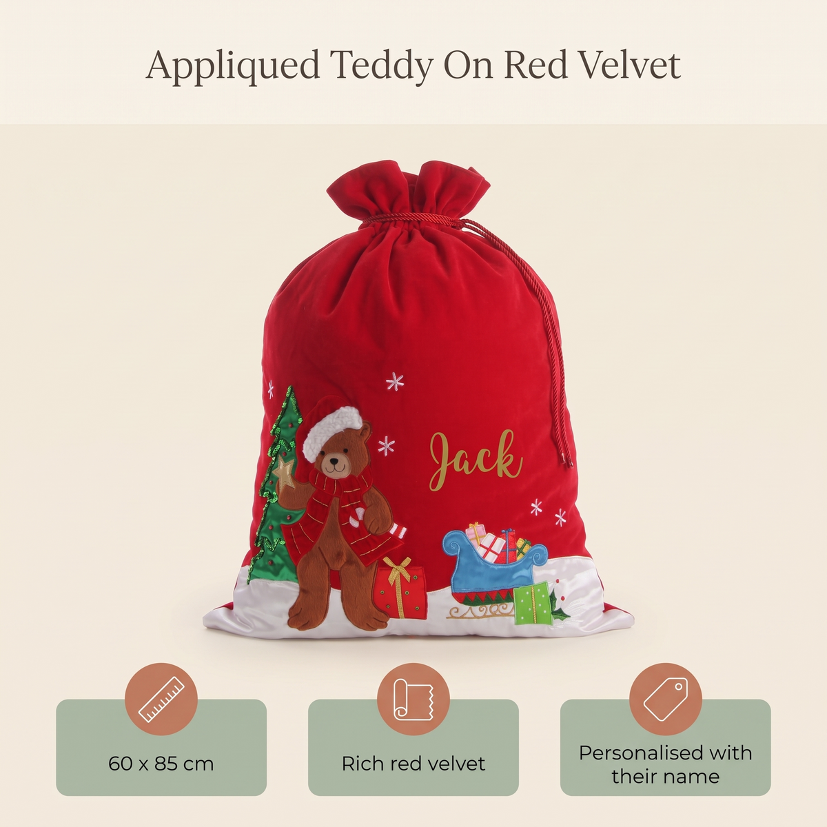 Little Teekie Personalised Deluxe Teddy Sack | Appliqued Teddy, 60x85cm – Red Velvet – key features