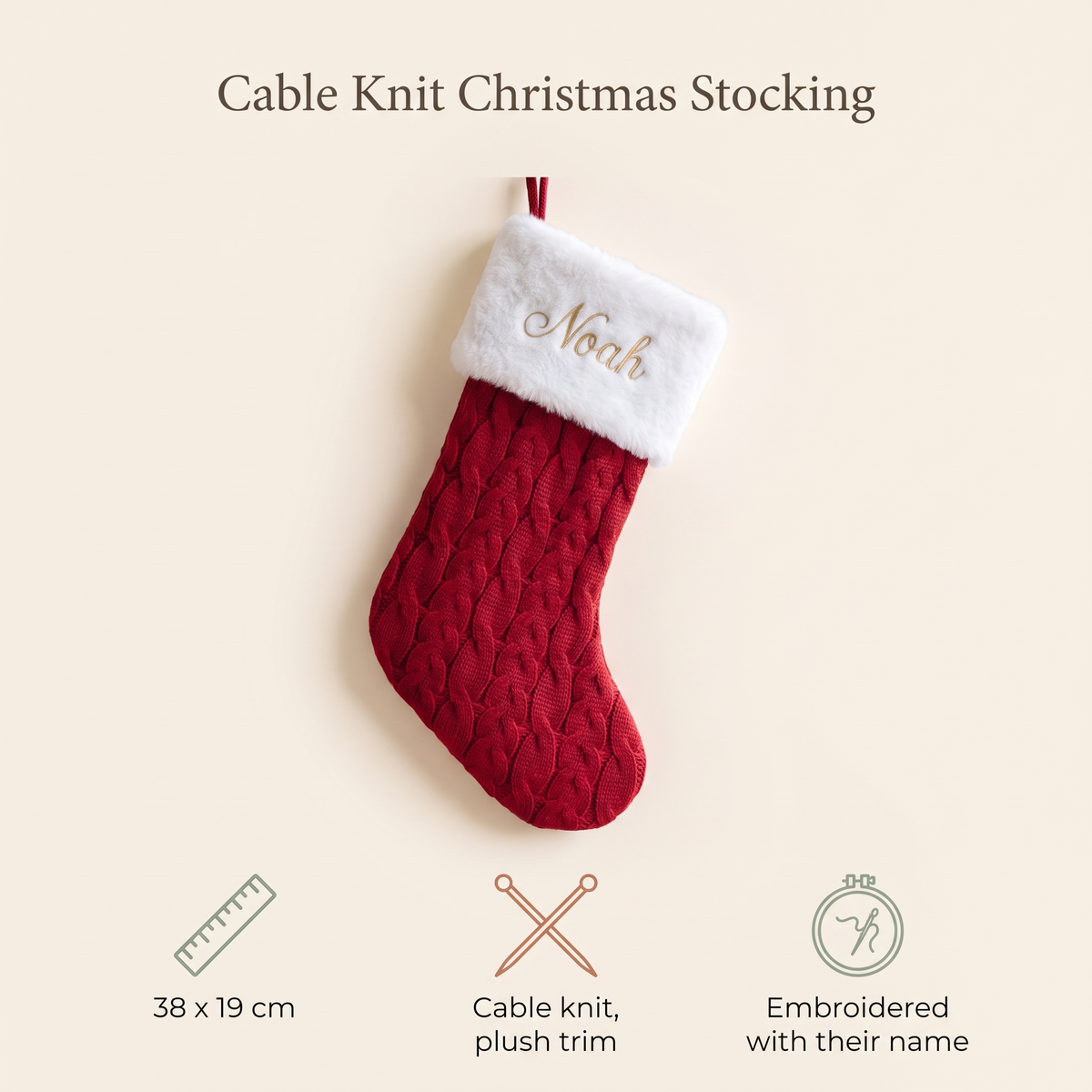 Little Teekie Personalised Knit Christmas Stocking | Embroidered Name, 38x19cm – Red & White – key features