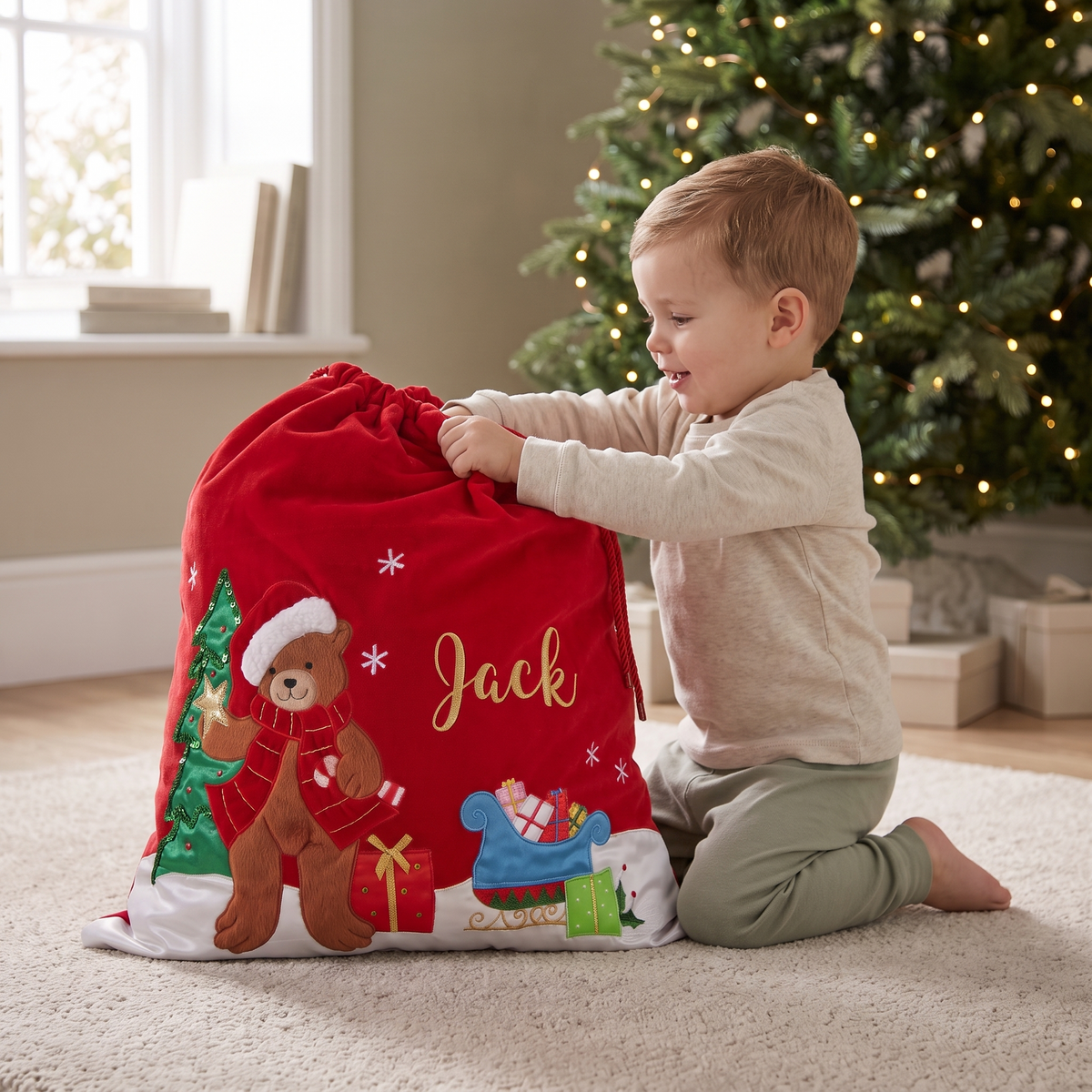 Little Teekie Personalised Deluxe Teddy Sack | Appliqued Teddy, 60x85cm – Red Velvet – in use, shows scale