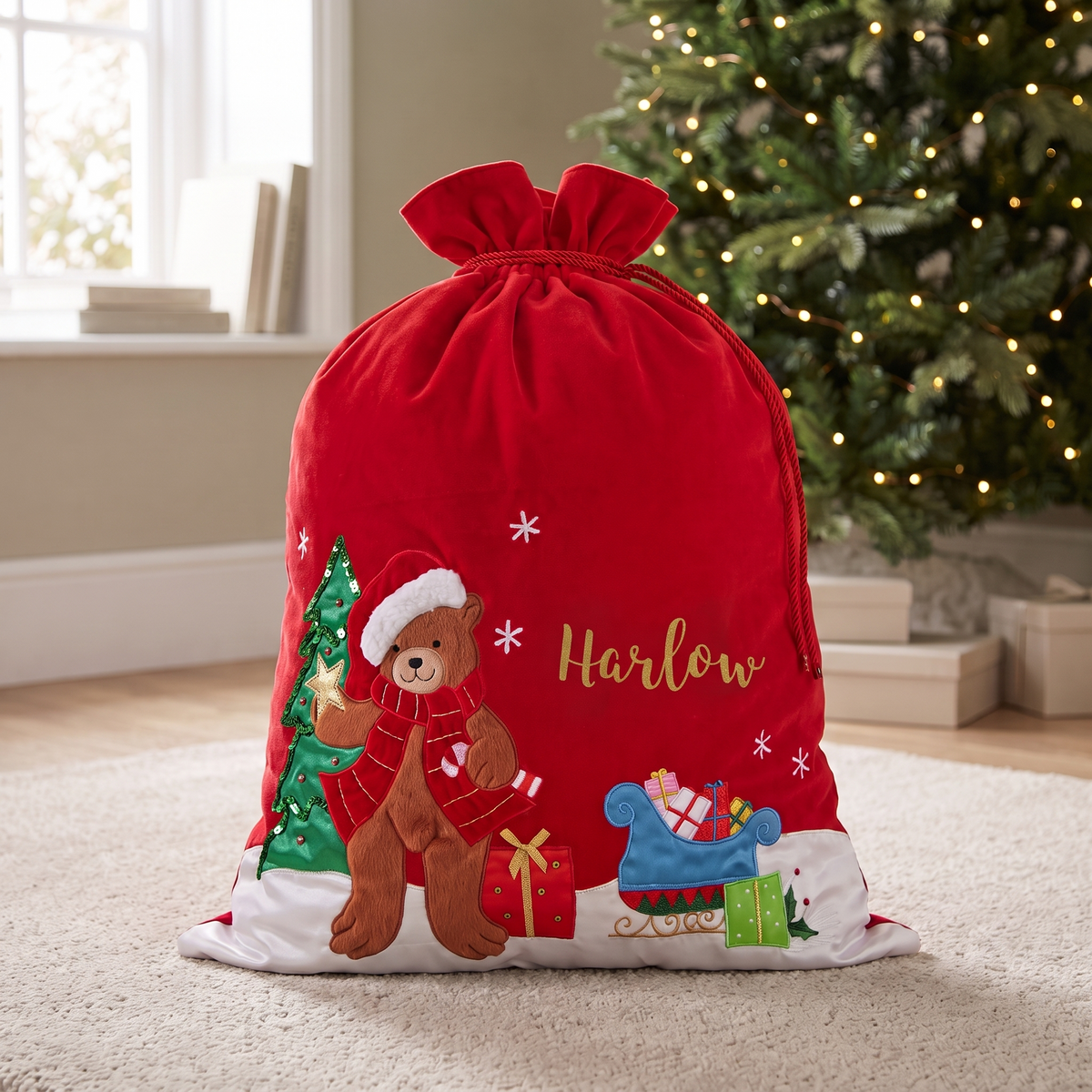 Little Teekie Personalised Deluxe Teddy Sack | Appliqued Teddy, 60x85cm – Red Velvet – personalisation detail