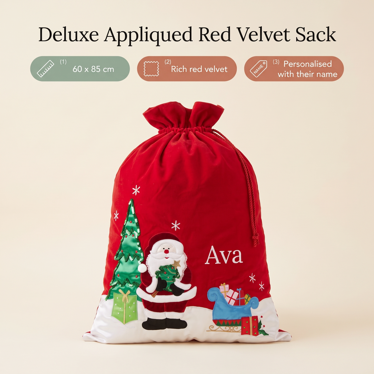 Little Teekie Personalised Deluxe Santa Sack | Appliqued Santa, 60x85cm – Red Velvet – key features