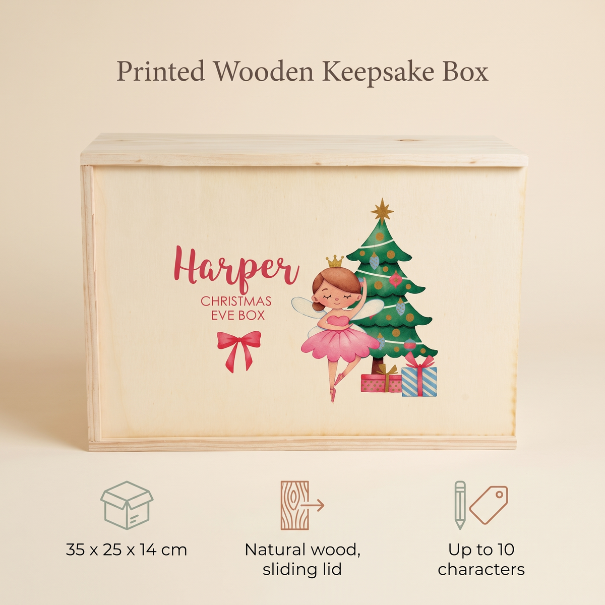 Little Teekie Personalised Christmas Eve Box | Printed Ballerina, 35x25x14cm – Natural Wood – key features