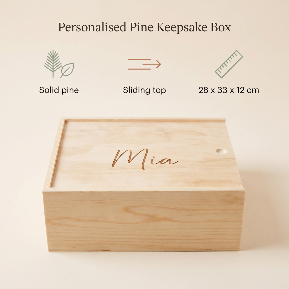 Little Teekie Personalised Keepsake Box | Engraved Name, Leaf Design Sliding Lid – Natural Pine – key features
