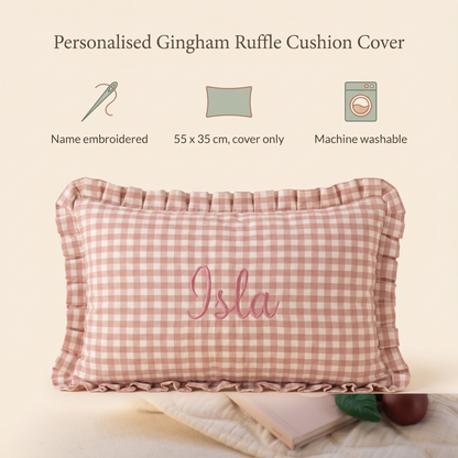 Little Teekie Personalised Gingham Ruffle Cushion Cover | Embroidered Name, 55 x 35cm – Pink – key features