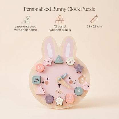 Little Teekie Personalised Bunny Clock Puzzle | Laser Engraved Name, 29 x 26cm FSC Timber – Pastel – key features