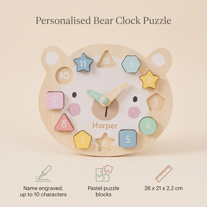 Little Teekie Personalised Bear Clock Puzzle | Laser Engraved Name, 26 x 21cm FSC Timber – Soft Pastel – key features