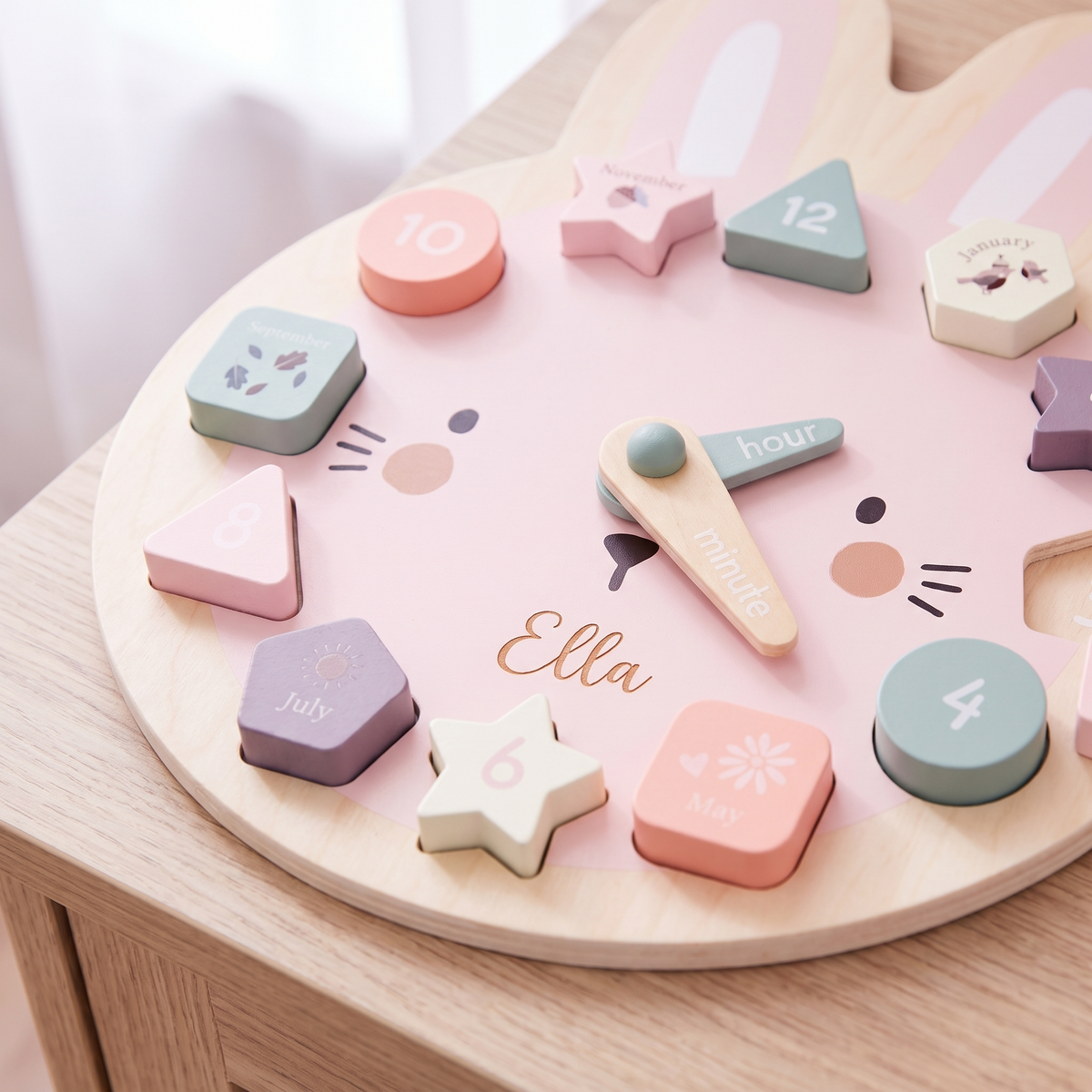 Little Teekie Personalised Bunny Clock Puzzle | Laser Engraved Name, 29 x 26cm FSC Timber – Pastel – personalisation detail