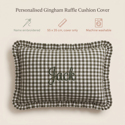 Little Teekie Personalised Gingham Ruffle Cushion Cover | Embroidered Name, 55 x 35cm – Olive Green – key features