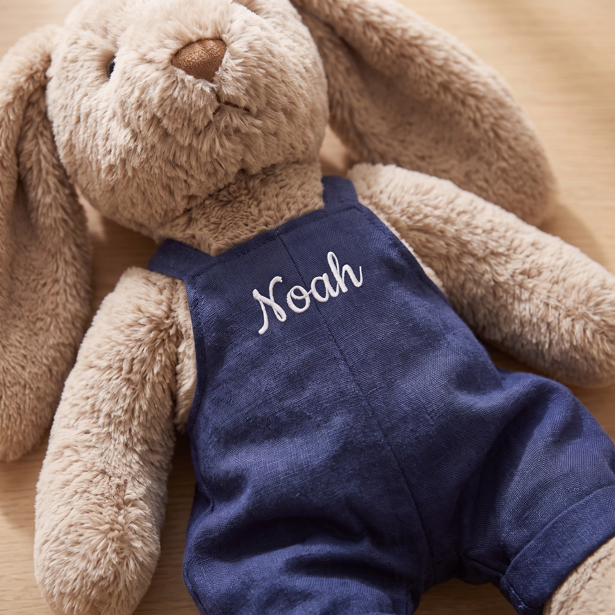 Little Teekie Personalised Bunny Soft Toy | Embroidered Name on Overalls, Plush – Navy Blue – personalisation detail