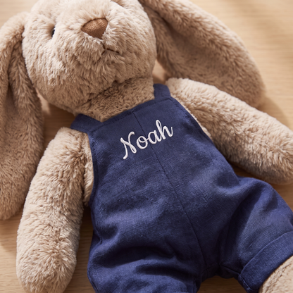 Little Teekie Personalised Bunny Soft Toy | Embroidered Name on Overalls, Plush – Navy Blue – personalisation detail