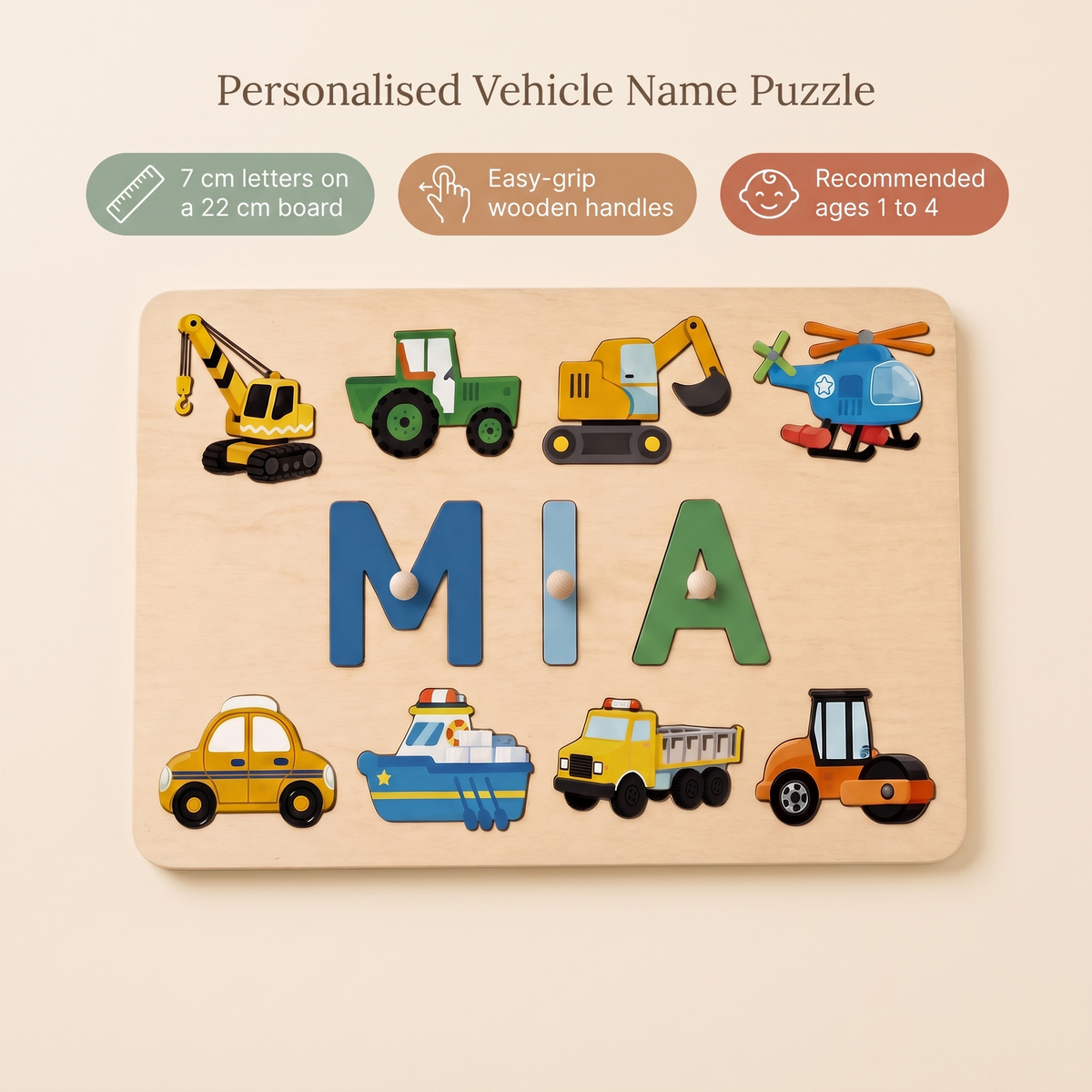 Little Teekie Personalised Vehicle Name Puzzle | Easy-Grip Letters, 22cm Board – Classic Colour – key features