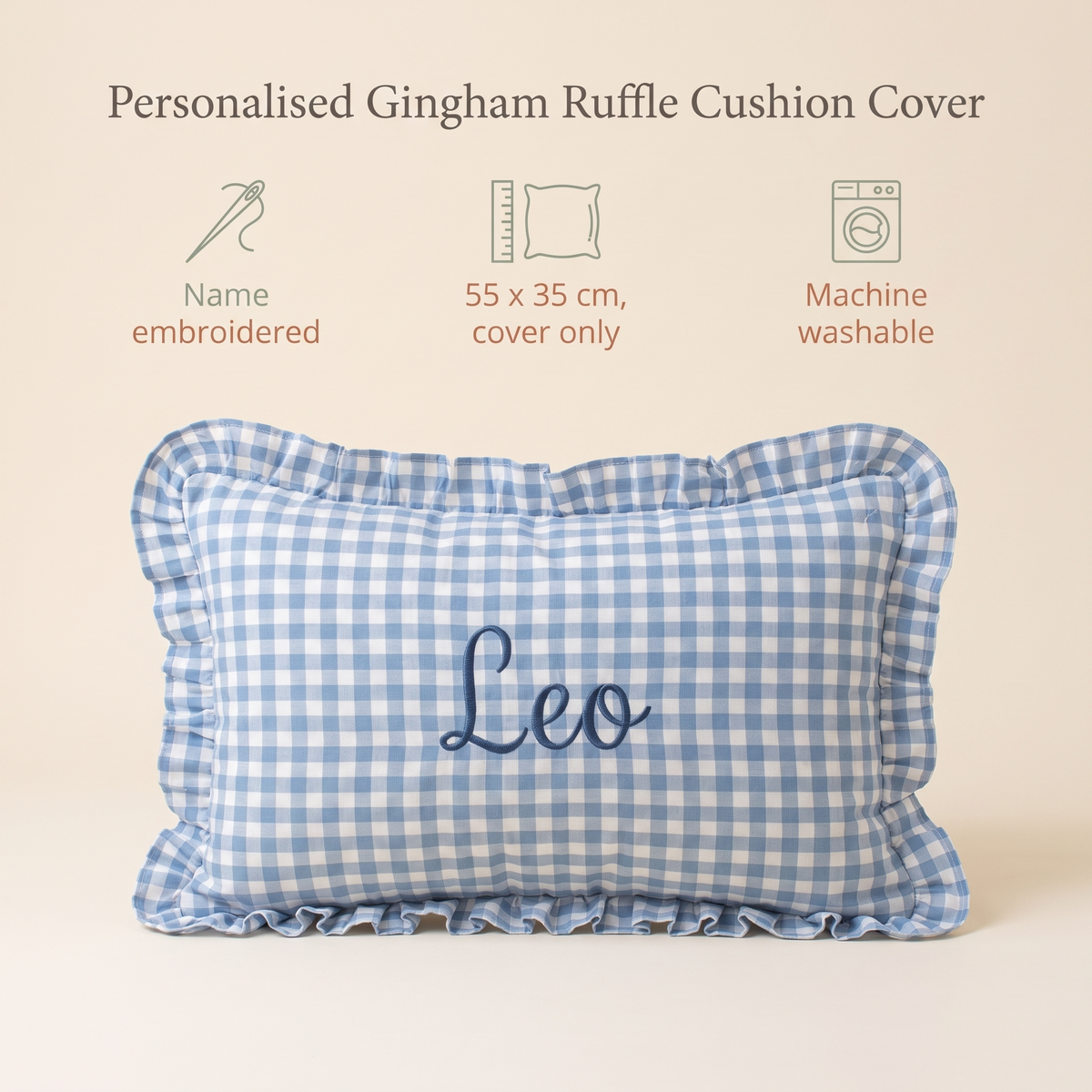 Little Teekie Personalised Gingham Ruffle Cushion Cover | Embroidered Name, 55 x 35cm – Blue – key features