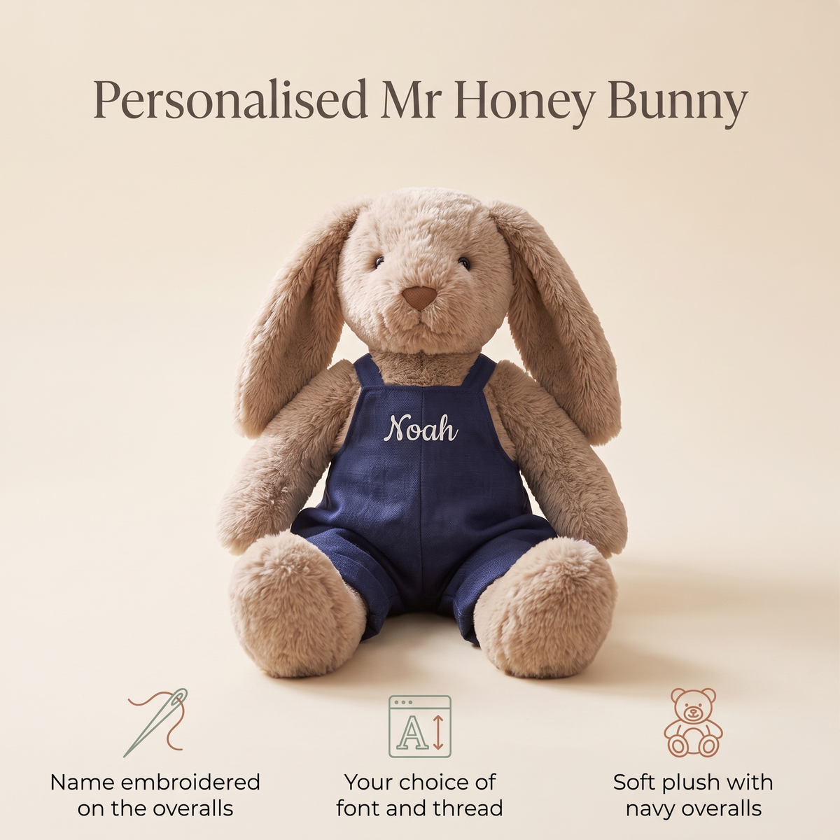 Little Teekie Personalised Bunny Soft Toy | Embroidered Name on Overalls, Plush – Navy Blue – key features