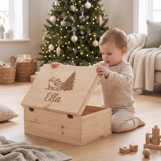 Little Teekie Personalised Santa Sleigh Christmas Eve Box | Engraved Name, 34x24x12cm – Natural – in use, shows scale