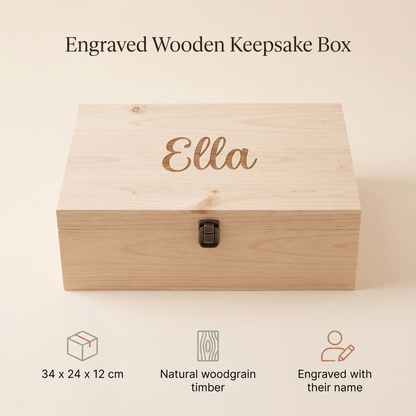 Little Teekie Personalised Santa Sleigh Christmas Eve Box | Engraved Name, 34x24x12cm – Natural – key features