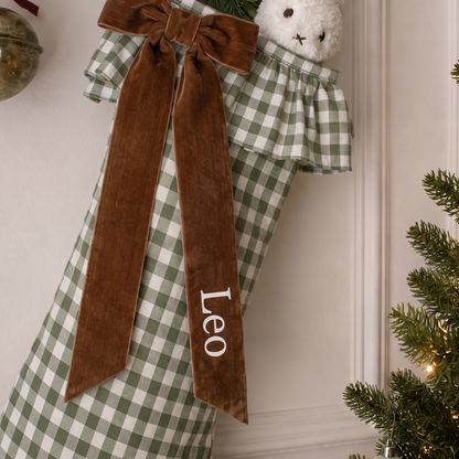 Little Teekie Personalised Gingham Christmas Stocking | Velvet Bow Name, 49x32cm – Green – personalisation detail