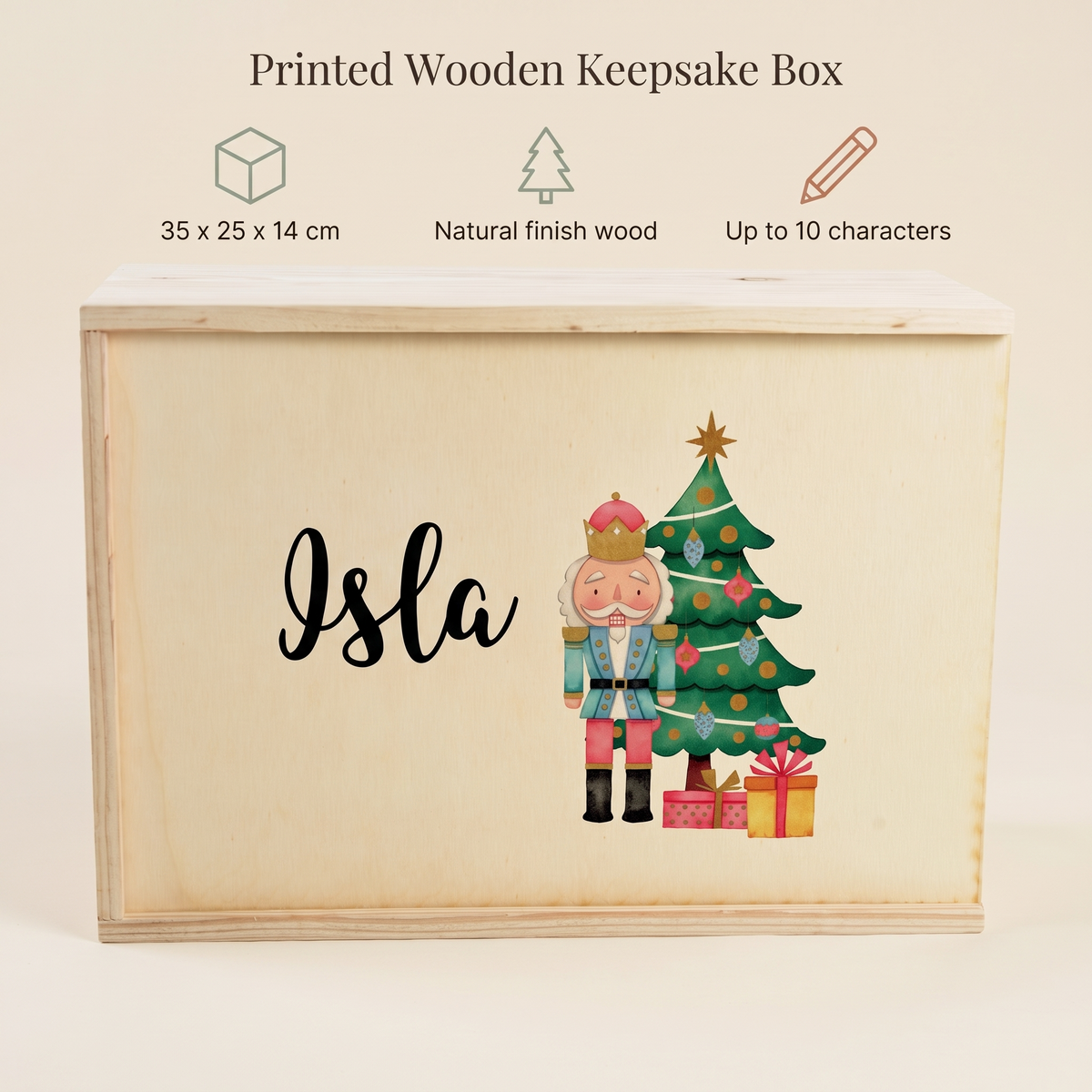 Little Teekie Personalised Christmas Eve Box | Printed Nutcracker, 35x25x14cm – Natural Wood – key features