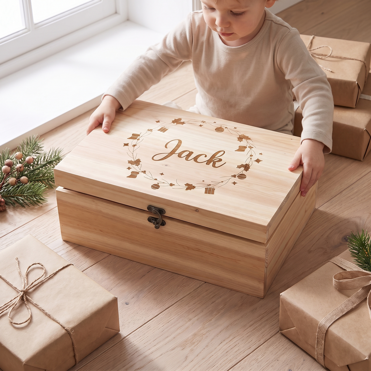 Little Teekie Personalised Wreath Christmas Eve Box | Printed Name, 34x24x12cm – Natural – in use, shows scale