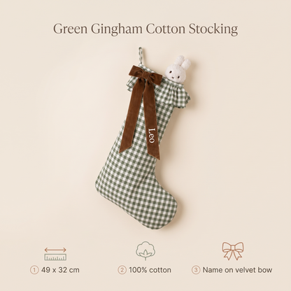 Little Teekie Personalised Gingham Christmas Stocking | Velvet Bow Name, 49x32cm – Green – key features