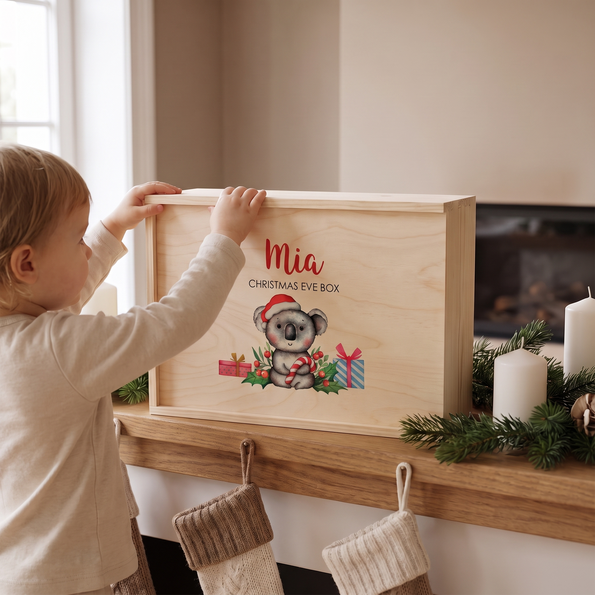 Little Teekie Personalised Christmas Eve Box | Printed Koala, 35x25x14cm – Natural Wood – in use, shows scale
