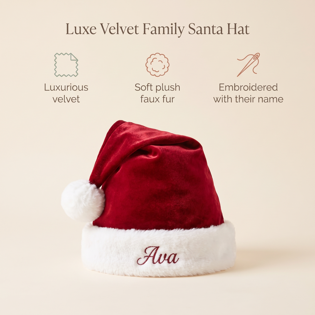 Little Teekie Personalised Velvet Santa Hat | Embroidered Name, Faux Fur Trim – Red – key features