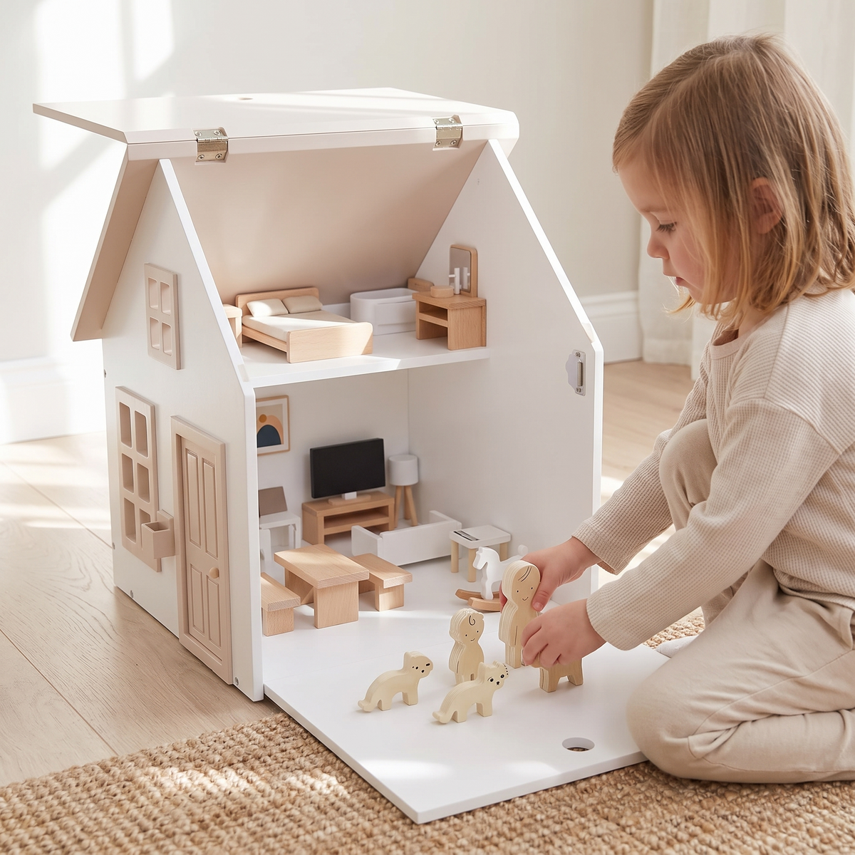 Little Teekie Wooden Dollhouse with 34-Piece Furniture Set | Flip Roof, 42.5cm – styled in the home