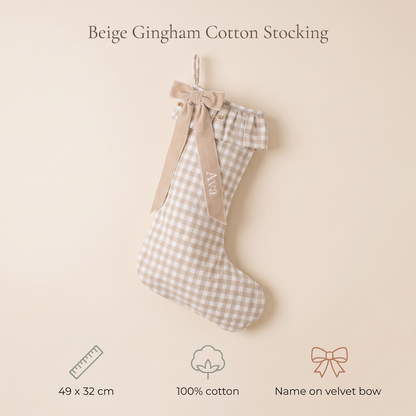 Little Teekie Personalised Gingham Christmas Stocking | Velvet Bow Name, 49x32cm – Beige – key features