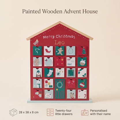Little Teekie Personalised Advent Calendar House | 24 Drawers, W28 x H38 x D8cm – Red & Green – key features