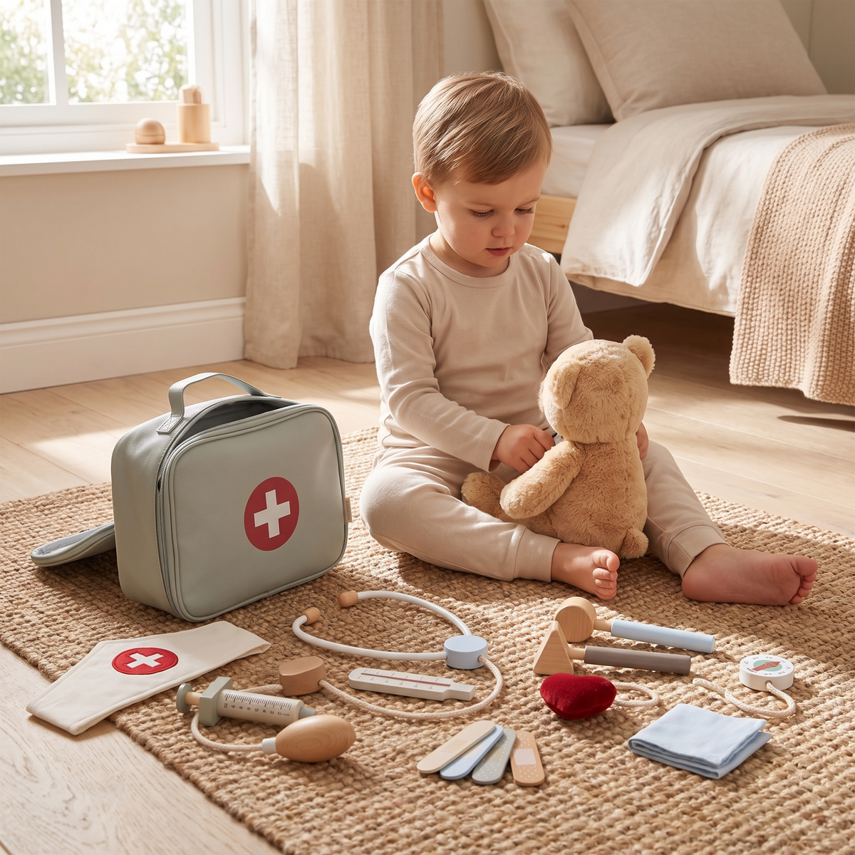 Little Teekie Wooden Doctor Set | Fabric Bag, Stethoscope and Doctor's Cap, 25cm – styled in the home